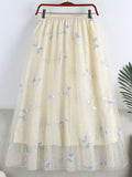 Butterfly Embroidery Sequined Sweet Tulle Skirt Elastic High Waist A Line Mesh Midi Skirt