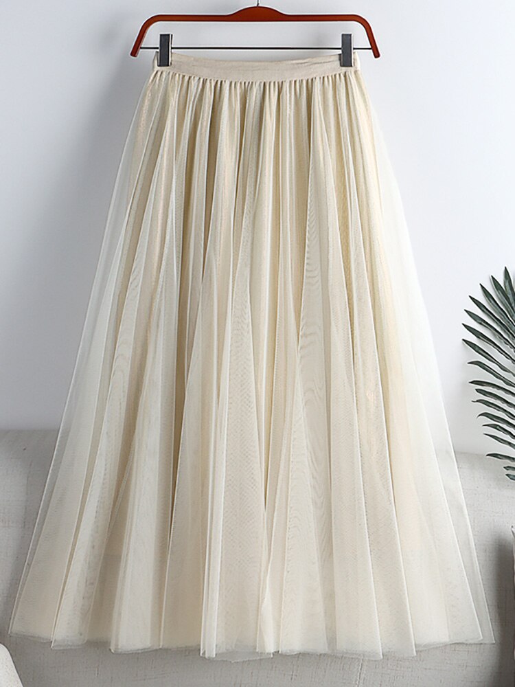 Fashion Women Glitter Lining Tulle Skirt Summer Elastic High Waist Elegant Mesh Midi Skirt