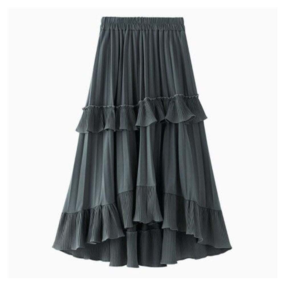 Autumn Summer Long Vintage Women Ruffles Spring Solid Casual Loose Elastic Waist Skirts