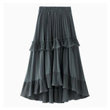 Autumn Summer Long Vintage Women Ruffles Spring Solid Casual Loose Elastic Waist Skirts
