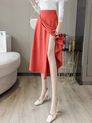 High Waist Long Women Spring Korean Style Solid Color All-match Ladies Elegant A-line Skirts