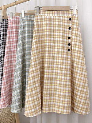 Summer Women Elastic High Waist Elegant Vintage Plaid Check Skirt Front Buttons Casual A Line Midi Skirt