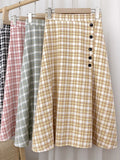 Summer Women Elastic High Waist Elegant Vintage Plaid Check Skirt Front Buttons Casual A Line Midi Skirt
