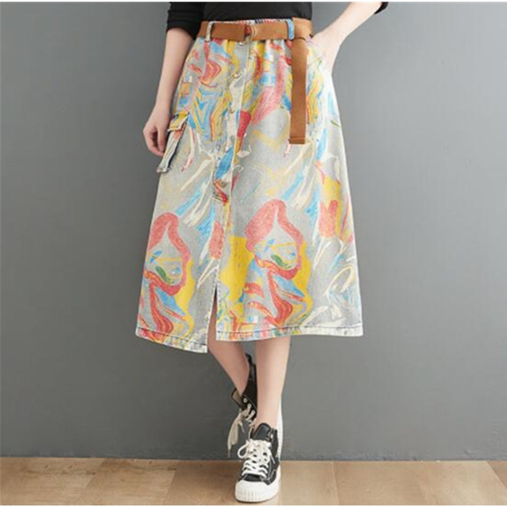 Summer New Ladies Denim Maxi Skirt Loose Pocket Retro Painting Mid-Calf Long Jean Skirt