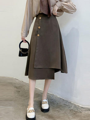 High Waist A-line Women Spring Korean Style Solid Color All-match Office Lady Elegant Long Skirt