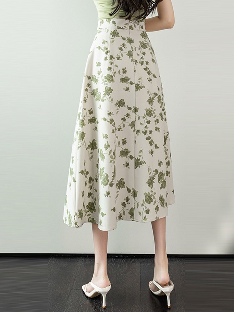 Ladies Elegant A-line Spring England Style Floral Print High Waist Women Long Party Skirt