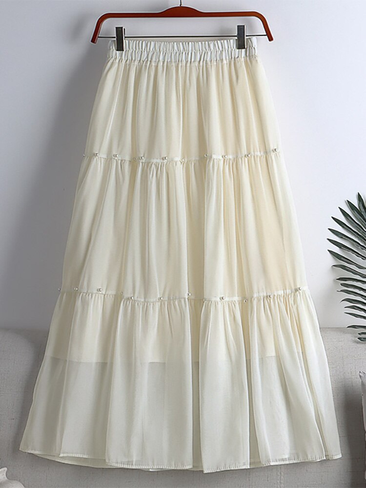 Fashion Faux Pearl Rhinestone Beaded Tiered Midi Skirt Elastic High Waist Solid Casual A Line Skirt