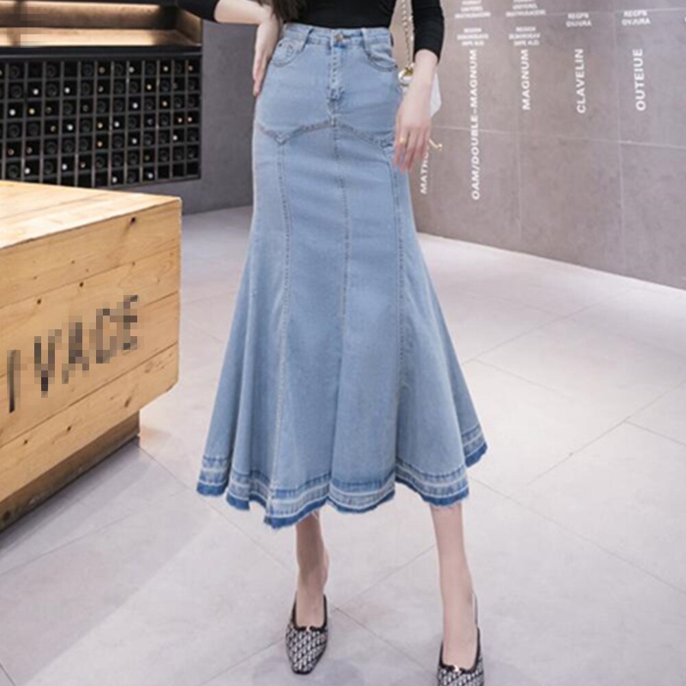 Ruffle Trumpet Vintage Long Summer Girls High Waist Fishtail Jeans Bodycon Maxi Denim Skirts