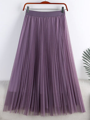 Summer Women Solid Casual Tulle Elastic High Waist Elegant Mesh Pleated Skirt