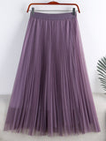 Summer Women Solid Casual Tulle Elastic High Waist Elegant Mesh Pleated Skirt