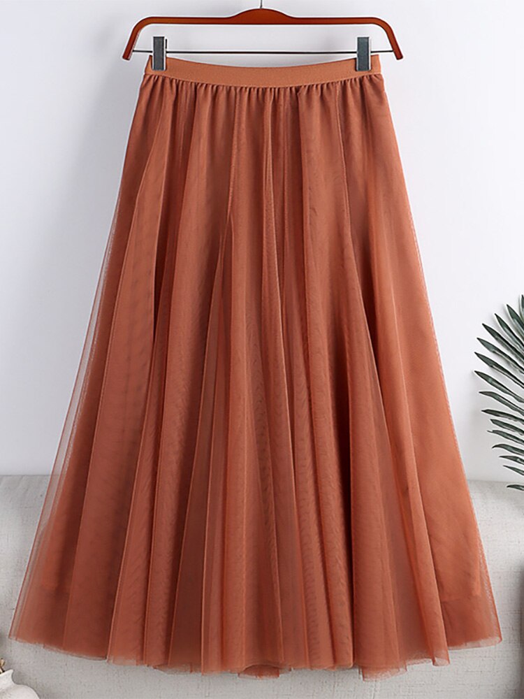 Spring Summer Elastic High Waist Elegant Layered Tulle Skirt Solid A Line Mesh Midi Long Skirt