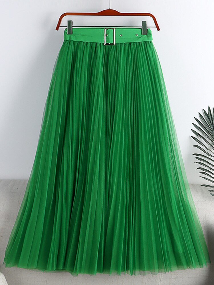 Elegant Long Women Tulle Pleated Skirt With Belt High Waist Solid Mesh Midi Skirt