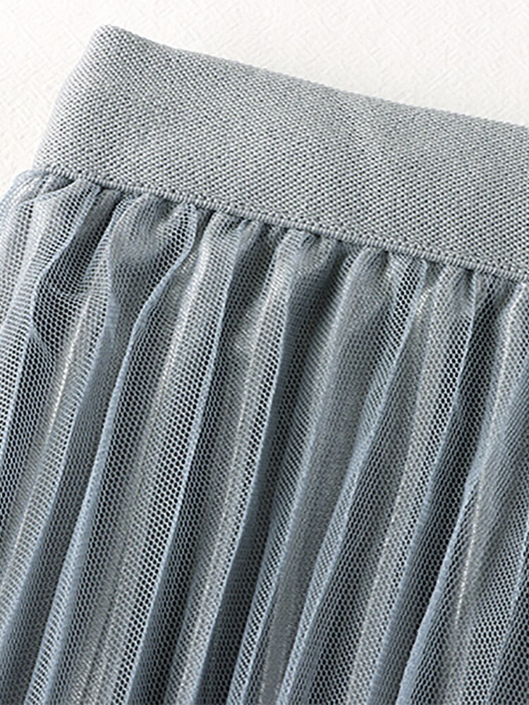 Fashion Satin Effect Lining Tulle Reversible Elegant Pleated Skirt Women High Waist Midi Skirt