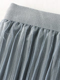 Fashion Satin Effect Lining Tulle Reversible Elegant Pleated Skirt Women High Waist Midi Skirt