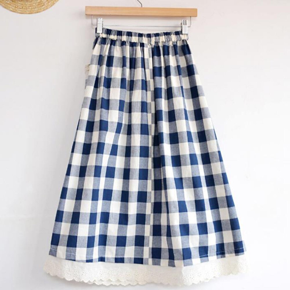 Vintage Plaid Print Long Women Spring Summer Japanese Retro Casual High Waist A-Line Midi Skirt