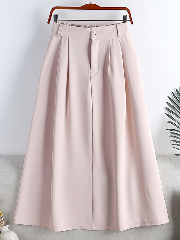 Spring Summer High Waist Solid Big Swing A Line Women Office Lady Elegant Midi Skirt