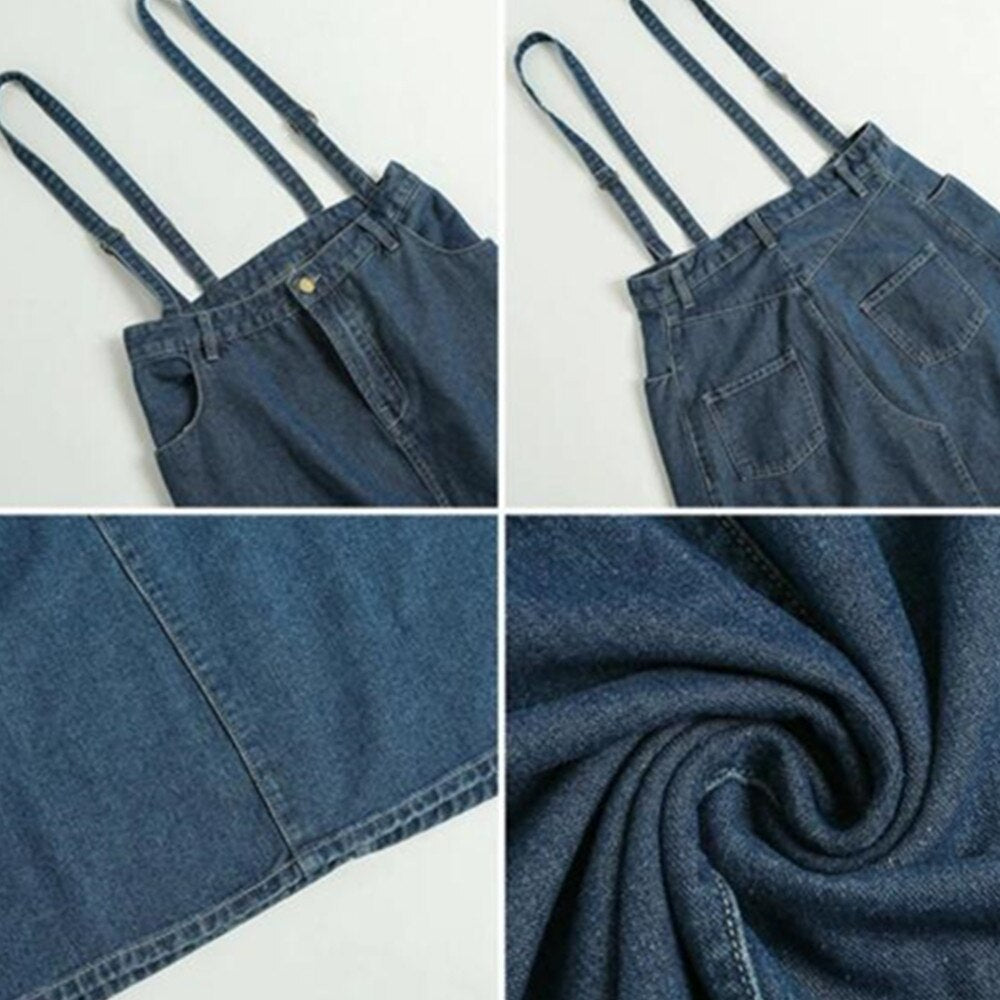 Denim Suspender Women High Waist A Line Pleated Casual Summer Long Jean Two Shoulder Strap Skirts