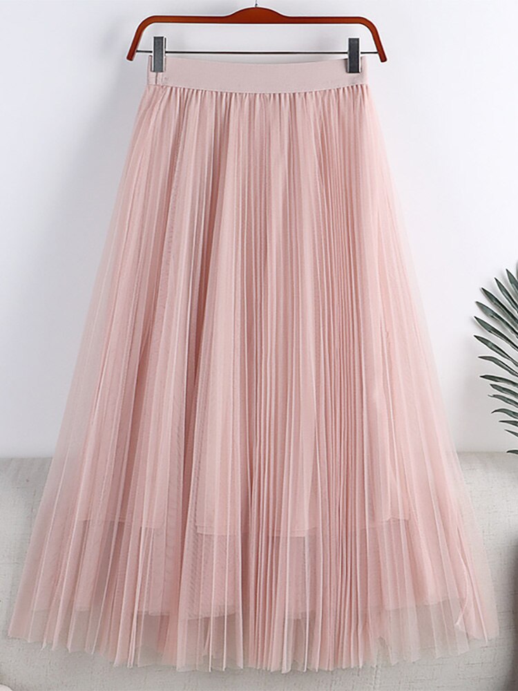 Summer Women Solid Casual Tulle Elastic High Waist Elegant Mesh Pleated Skirt