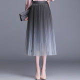 Tutu Tulle Women Summer Korean Gradient Color Pleated Maxi Skirt High Waist Mid-Calf Long Skirts