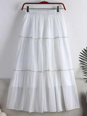 Fashion Faux Pearl Rhinestone Beaded Tiered Midi Skirt Elastic High Waist Solid Casual A Line Skirt