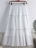 Fashion Faux Pearl Rhinestone Beaded Tiered Midi Skirt Elastic High Waist Solid Casual A Line Skirt