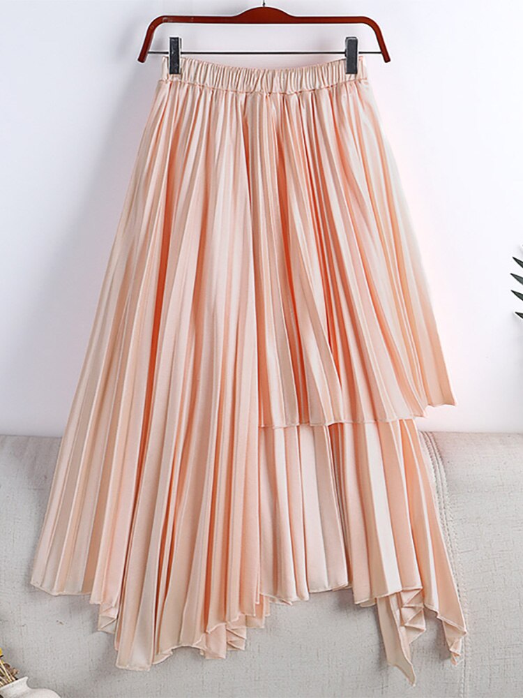 Women Asymmetric Elastic High Waist Elegant Satin Effect Pleated Midi Skirt