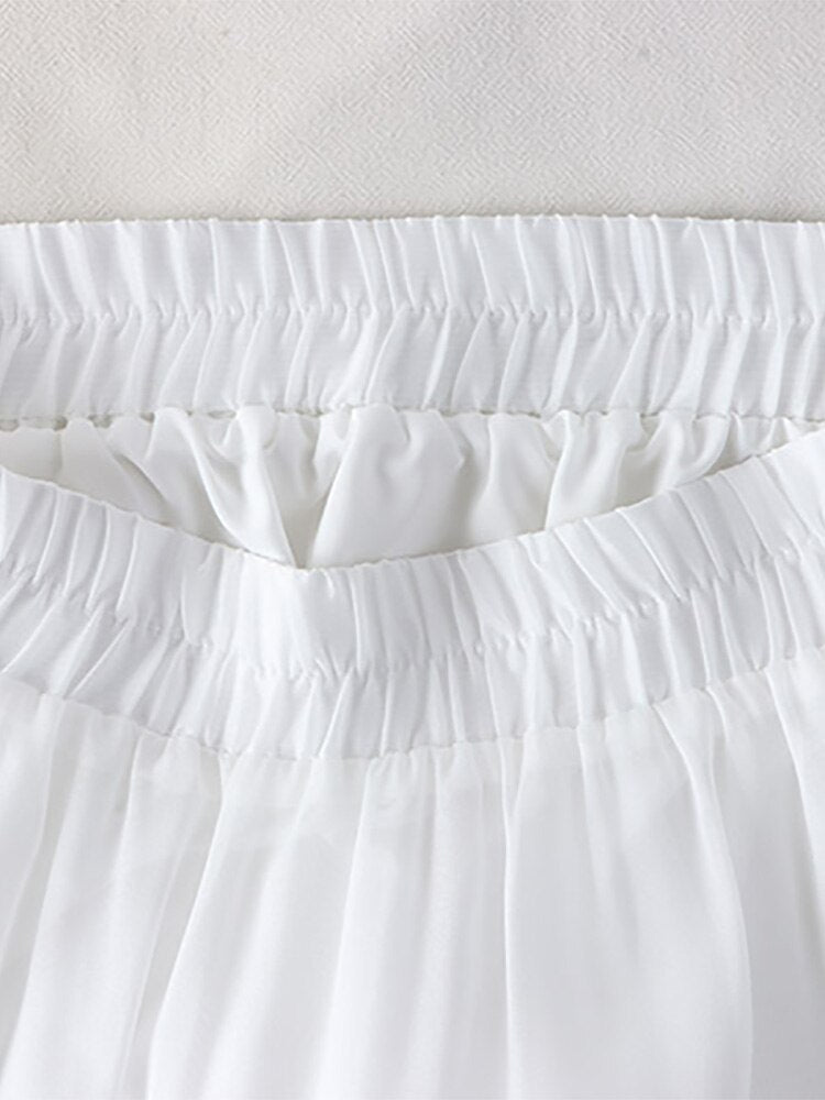 Fashion Faux Pearl Rhinestone Beaded Tiered Midi Skirt Elastic High Waist Solid Casual A Line Skirt