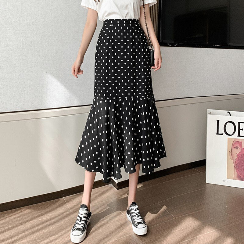 Women Chiffon Casual Spring Korean Style All-match Polka Dots Loose Ladies Elegant A-line Mermaid Skirt