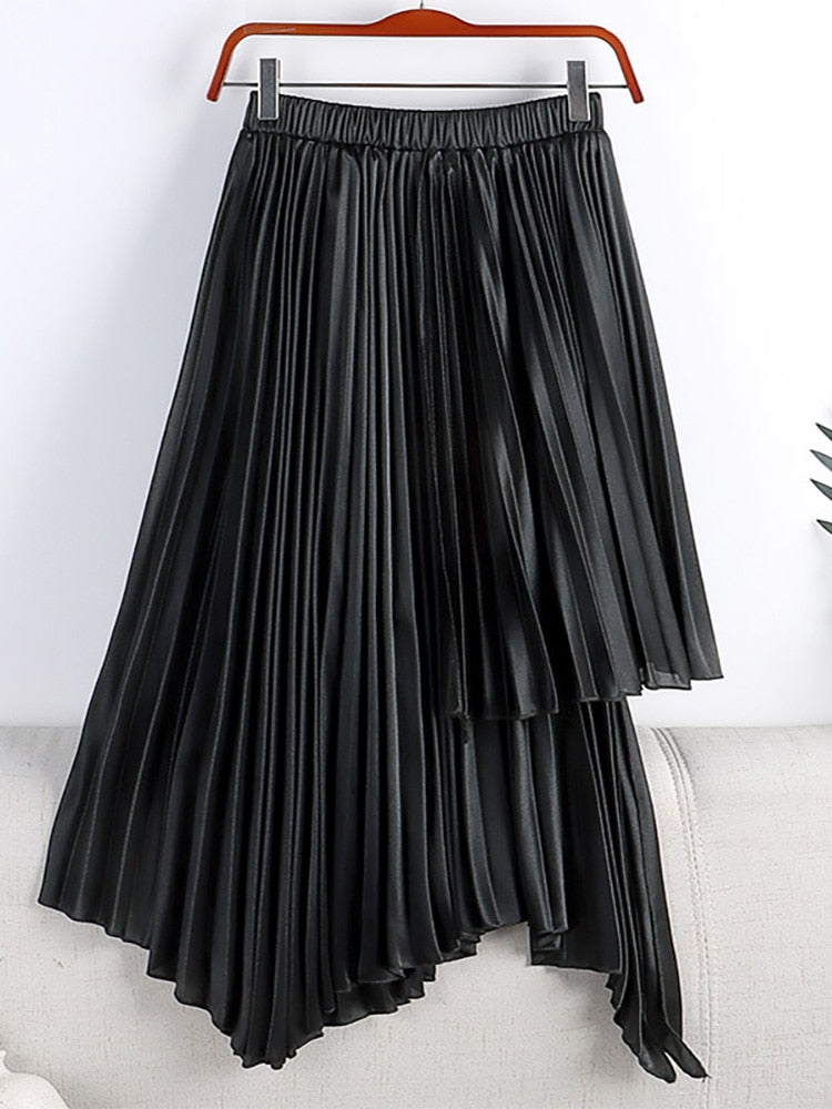 Women Asymmetric Elastic High Waist Elegant Satin Effect Pleated Midi Skirt