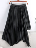 Women Asymmetric Elastic High Waist Elegant Satin Effect Pleated Midi Skirt