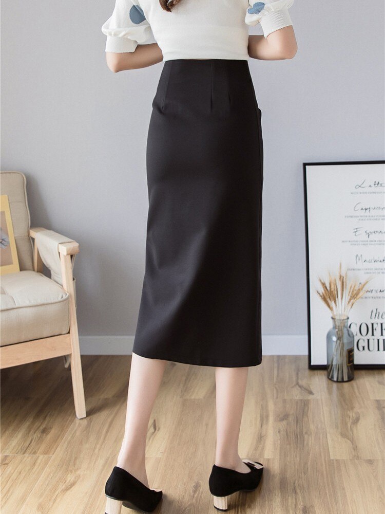 High Waist Women Office Style All-match Mid-calf Length Ladies Elegant Long Pencil Skirt