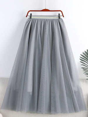 Spring Summer Women Elastic High Waist A Line Tulle Solid Casual Big Swing Mesh Midi Skirt