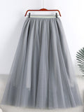 Spring Summer Women Elastic High Waist A Line Tulle Solid Casual Big Swing Mesh Midi Skirt