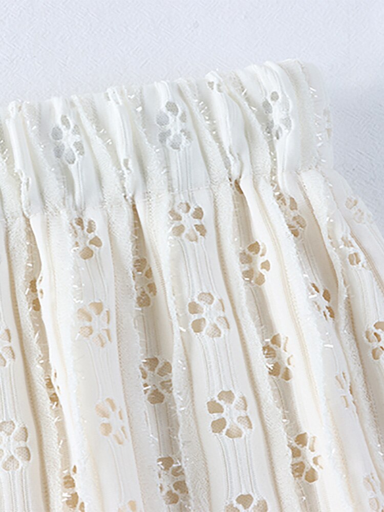 Spring Women Glitter Openwork Embroidery Skirt Elastic High Waist Fringe Hem A Line Midi Skirt