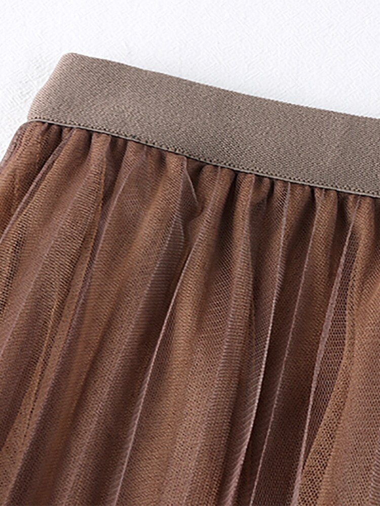Long Women Tie Dye Print Gradient Color Mesh Pleated Skirt Elastic High Waist Tulle Midi Skirt