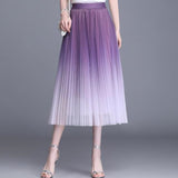 Tutu Tulle Women Summer Korean Gradient Color Pleated Maxi Skirt High Waist Mid-Calf Long Skirts
