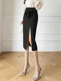 Office Lady Elegant Korean Style Bowknot Solid Color High Waist Women Pencil Skirt