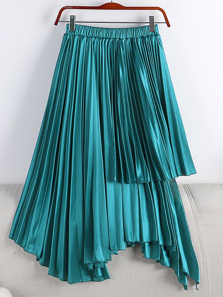 Women Asymmetric Elastic High Waist Elegant Satin Effect Pleated Midi Skirt