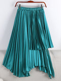 Women Asymmetric Elastic High Waist Elegant Satin Effect Pleated Midi Skirt