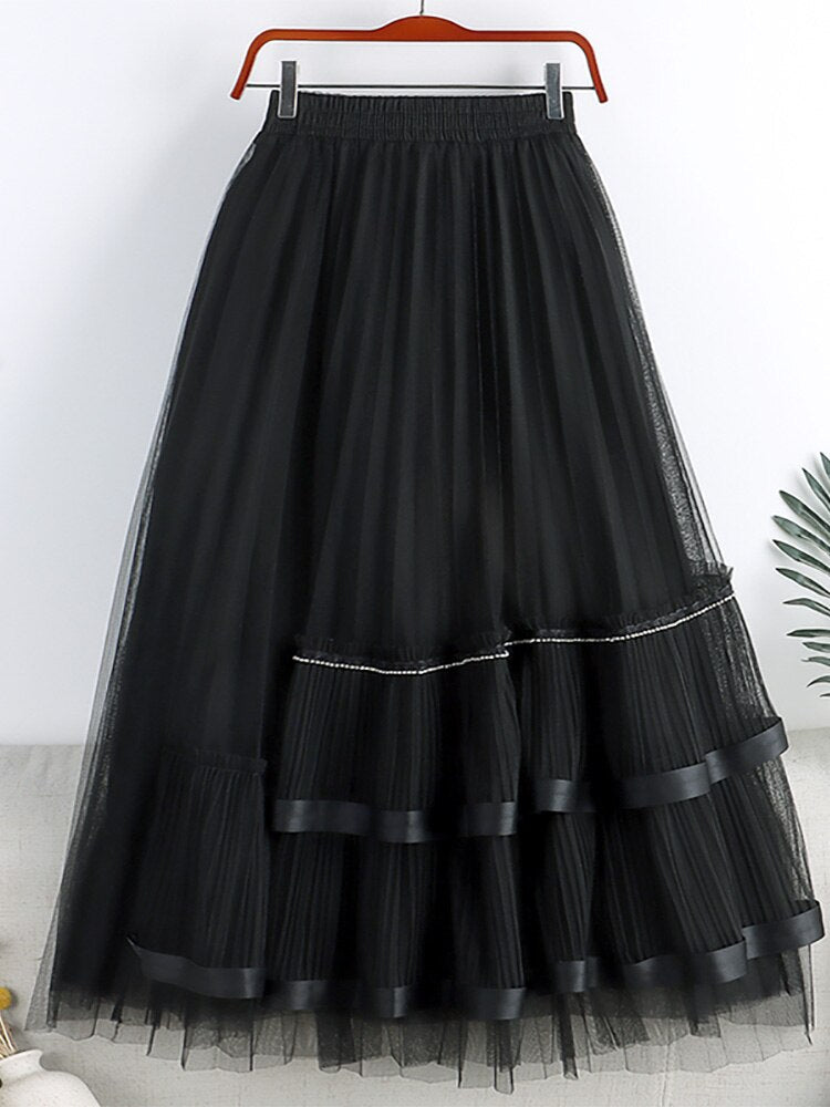 Elegant Frill Trim Mesh Patchwork Pleated Midi Long Elastic High Waist Asymmetric Tulle Skirt