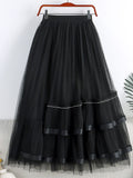 Elegant Frill Trim Mesh Patchwork Pleated Midi Long Elastic High Waist Asymmetric Tulle Skirt