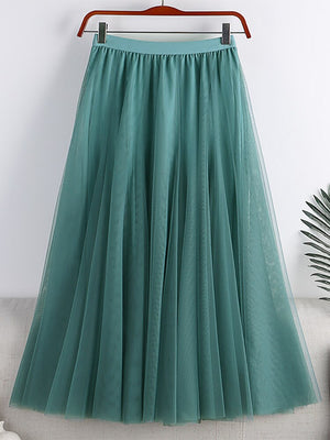 Spring Summer Elastic High Waist Elegant Layered Tulle Skirt Solid A Line Mesh Midi Long Skirt