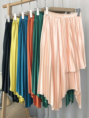 Women Asymmetric Elastic High Waist Elegant Satin Effect Pleated Midi Skirt