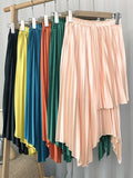 Women Asymmetric Elastic High Waist Elegant Satin Effect Pleated Midi Skirt