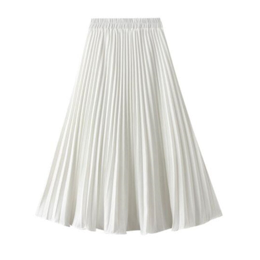 Summer Chiffon Long Maxi Skirt Women Pleated Beach Boho Solid Casual Elastic Waist Midi A-Line Skirt