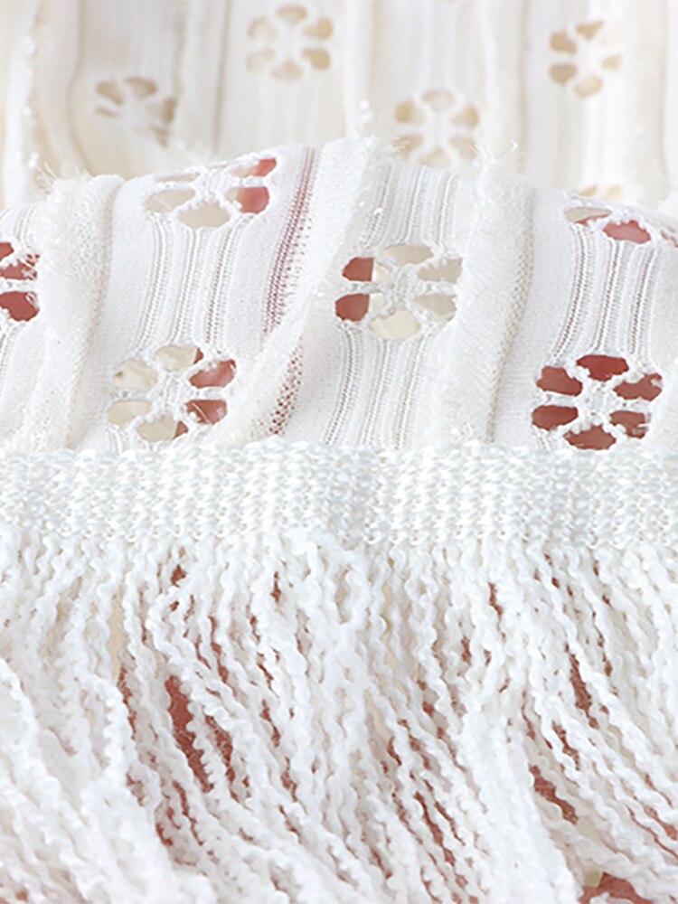 Spring Women Glitter Openwork Embroidery Skirt Elastic High Waist Fringe Hem A Line Midi Skirt