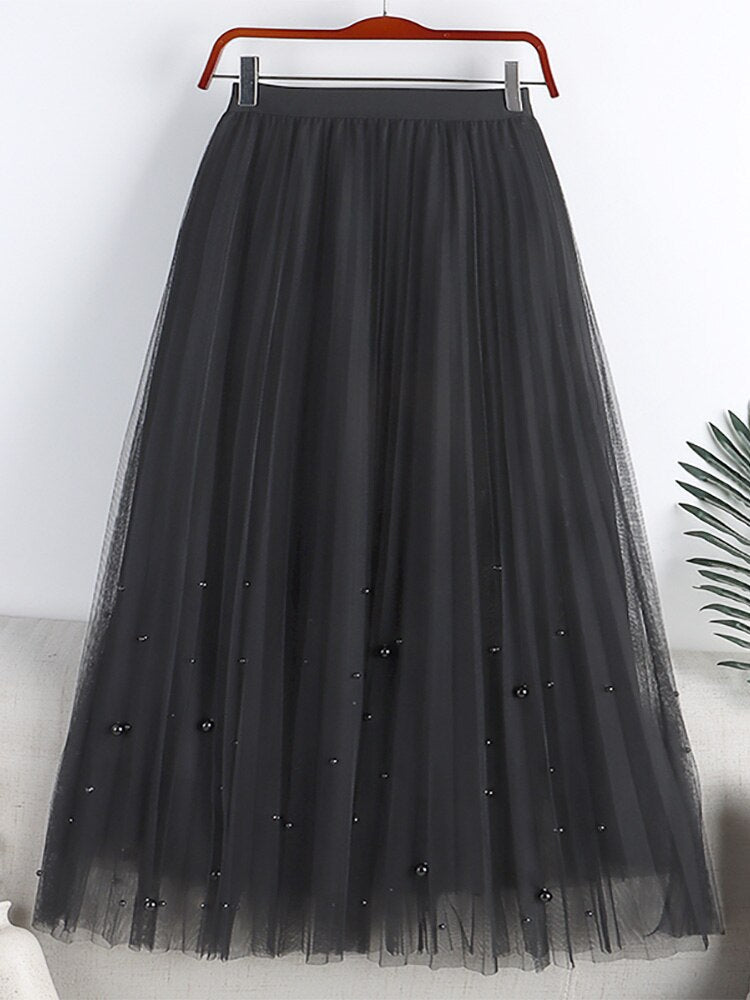 Women Fashion Faux Pearl Beaded Tulle Pleated Midi Skirt Casual Elastic High Waist Skirts