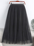 Women Fashion Faux Pearl Beaded Tulle Pleated Midi Skirt Casual Elastic High Waist Skirts