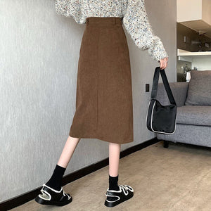 High Waist Long Women Spring Korean Style All-match Vintage Corduroy Ladies Elegant Pencil Skirt