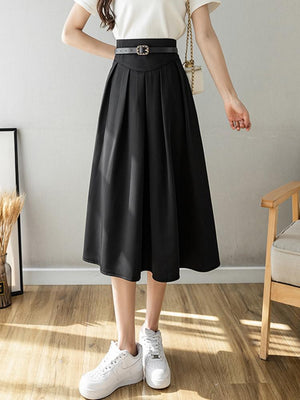 Ladies Elegant A-line Skirts Fashion England Style Plain Color All-match High Waist Women Long Skirt